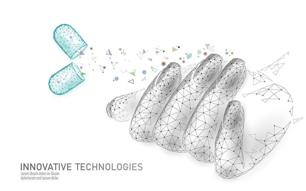 Lage poly moderne nagel supplement zorgtechnologie. Innovatieve natuurlijke olie suggereren vitamine D-formule. Nagel bescherming Shield medische pil cosmetica advertentie concept vector illustratie — Stockvector