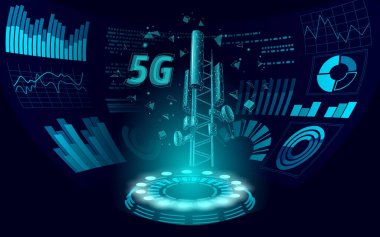 3d base station receiver. telecommunication tower 5g polygonal HUD display global connection information transmitter. Mobile radio antenna cellular vector illustration