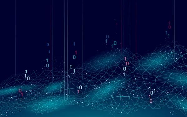 Paysage numérique abstrait 3D fond bleu. Information code flow data analysis concept. Illustration vectorielle de points reliés par particule de paysage de maille moderne — Image vectorielle