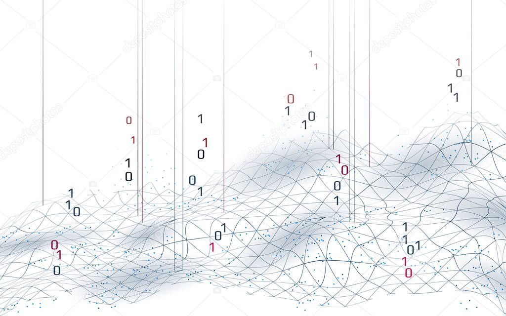 Abstract digital landscape 3D blue background. Information code flow data analysis concept. Modern grid mesh scape particle connected dots vector illustration