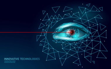 Lazer Vizyon Düzeltme 3d tıp kavramı. Soyut insan Iris modern operasyon cerrahi teknolojisi düşük poli. Üçgen poligon işleme şekli biyometrik kimlik vektör çizim