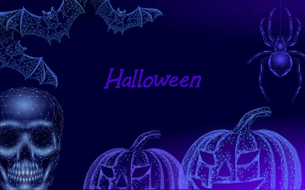 Halloween 3D abóbora Jack morcegos crânio e aranha. Folheto assustador de festa de férias nerd. Projeto de triângulo de polígono geométrico poli baixo. Halloween assustador assustador cartão modelo vetor ilustração —  Vetores de Stock