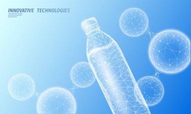 3D su şişesi çokgen pankart. Aqua sıvı paketi. Plastik şeffaf içecekler temiz doğal artezyen içme suyu. Düşük polyester modern tasarım vektörü çizimi