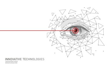 Lazer Vizyon Düzeltme 3d tıp kavramı. Soyut insan Iris modern operasyon cerrahi teknolojisi düşük poli. Üçgen poligon işleme şekli biyometrik kimlik vektör çizim