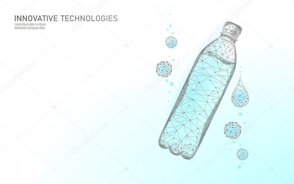 3D water bottle polygonal banner. Aqua liquid package. Plastic transparent drink full beverage clean natural artesian drinking water. Low poly white modern design vector illustration