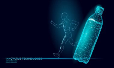 Su şişesi koşucusu rehidrasyon konsepti. Sıvı kaybına karşı sağlık hizmeti izotonik elektrolitler içer. Koşucu sporcusu düşük poli 3d vektör çizimi