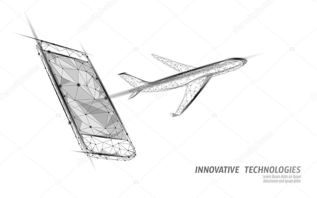 Airplane flying from smartphone screen. Flight up tourism journey symbol. Airline flight reservation concept speed travel. Mobile app online store, technology banner template 3D vector illustration