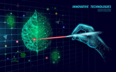 Bitki filizi biyoteknoloji soyut konsepti. 3 boyutlu fide ağacı DNA genom mühendisliği vitamin takviyesi bırakır. Tıp bilimi eko çokgen üçgenleri düşük poli vektör çizimi