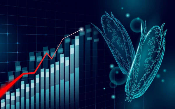 Arma ecológica de biocombustível de milho. Energia de energia renovável economizar planeta conceito eco negócio. Baixo poli polígono futurista azul escuro dispensador petrol indústria de petróleo tecnologia vetor ilustração — Vetor de Stock