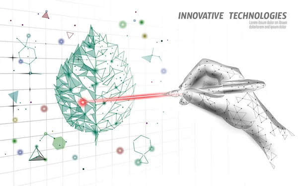 Planta brotar biotecnología concepto abstracto. 3D renderizar árbol de plántulas hojas ADN genoma ingeniería suplemento vitamínico. Ciencia médica vida eco polígono triángulos baja poli vector ilustración — Archivo Imágenes Vectoriales