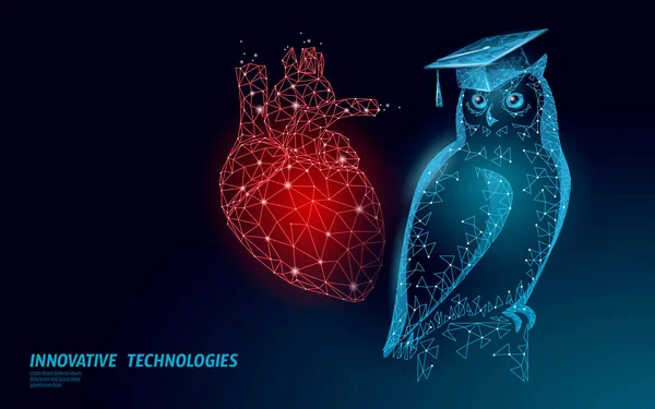 Концепція програми дистанційної медицини для кардіо-випускників. Низька полі 3D візуалізація випускної кепки на шаблоні серцевого банера. Медична освіта Ступінь курсу Векторні ілюстрації — стоковий вектор