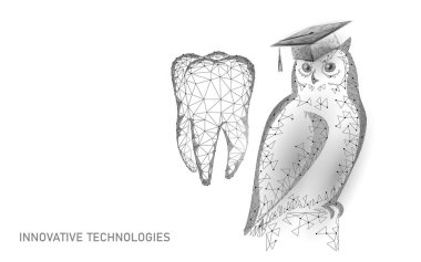 E-öğrenme uzaklığı tıbbı, diş hekimi sertifikası programı. Düşük polimerli 3D, mezuniyet şapkası diş afişi şablonunda. İnternet eğitimi kurs derecesi vektör illüstrasyonu