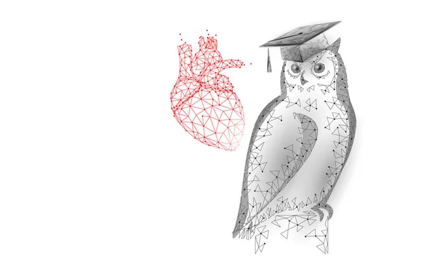 E-öğrenme mesafesi tıp kardiyo diploma programı konsepti. Düşük polyester 3D, mezuniyet şapkası kalp pankartı şablonunda. Tıp eğitimi kursu vektör çizimi — Stok Vektör