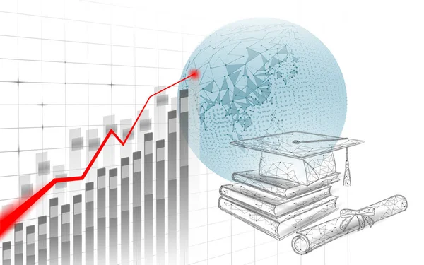 Globale internationale Online-Bildung. E-Learning-Distanzkonzept. Absolventenprogramm. Low-Poly-3D-Internet-Bildungskurs Weltkarte Vektorillustration — Stockvektor