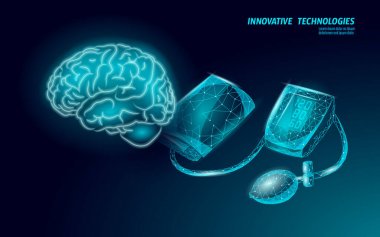 Kan basıncını ölçmek için 3D düşük polyester elektronik tonometre. Sağlık hizmeti beyin kontrol analizi. Kontrol testi tıp vektörü illüstrasyonu