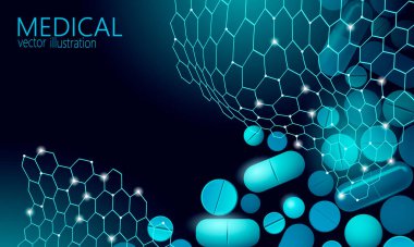 İlaç kapsülü ilaç işi konsepti. Banner mavisi parlayan tıbbi hap prebiyotik probiyotik top sağlık tedavisi hastalığı. Antibiyotik vitamin tıbbi beslenme düşük polivektör çizimi