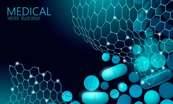 İlaç kapsülü ilaç işi konsepti. Banner mavisi parlayan tıbbi hap prebiyotik probiyotik top sağlık tedavisi hastalığı. Antibiyotik vitamin tıbbi beslenme düşük polivektör çizimi