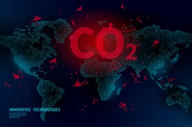 Haritadaki karbondioksit CO2 ekolojik sorun ekolojik kavramı. Yenilenebilir organik 3D görüntüleme. Biyo-yakıt kimya biyoteknoloji çokgen iklim sera etkisi teknoloji vektör çizimi