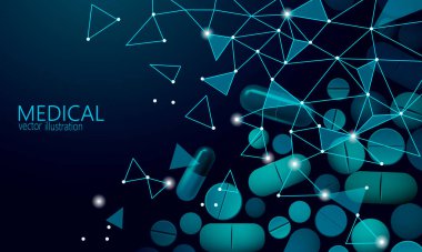 İlaç kapsülü ilaç işi konsepti. Banner mavisi parlayan tıbbi hap prebiyotik probiyotik top sağlık tedavisi hastalığı. Antibiyotik vitamin tıbbi beslenme düşük polivektör çizimi