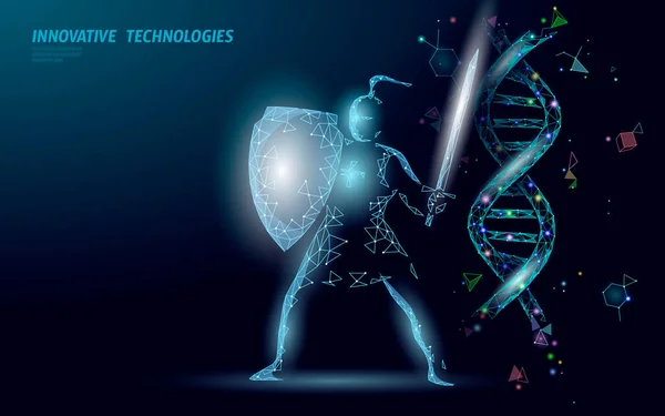 Terapia génica ADN Estructura de moléculas químicas 3D bajo poli. Parte de célula sana de la línea de punto del triángulo poligonal. Innovación medicina azul genoma ingeniería vector ilustración futuro negocio tecnología — Archivo Imágenes Vectoriales