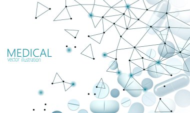 İlaç kapsülü ilaç işi konsepti. Banner mavisi parlayan tıbbi hap prebiyotik probiyotik top sağlık tedavisi hastalığı. Antibiyotik vitamin tıbbi beslenme düşük polivektör çizimi