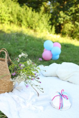 Bir piknik sahnesinde taze çiçekli dokuma sepeti, kurdeleli beyaz bir pasta ve öğleden sonra güneşinin altında renkli balonlar yer alır..