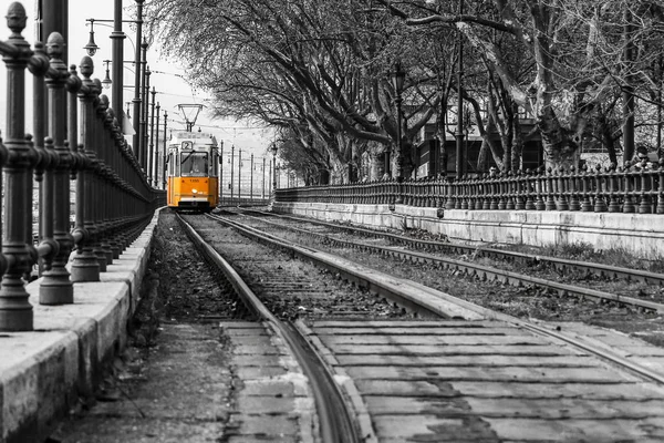 Una Foto Del Típico Tranvía Amarillo Budapest Hungría Tranvía Está — Foto de Stock