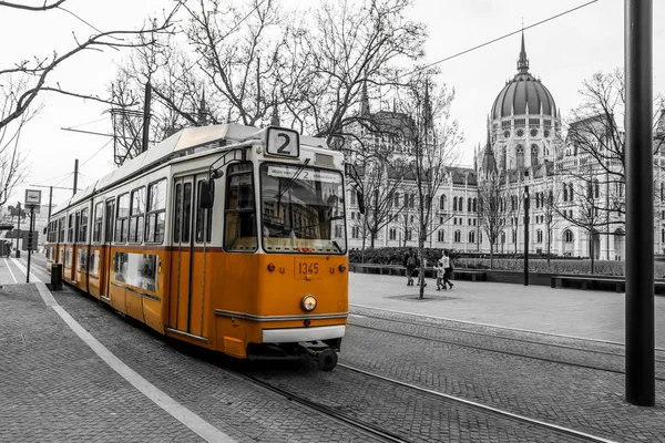 Budapeşte, Macaristan için tipik sarı tramvay resmi. Tramvay siyah ve beyaz arka planda izole.