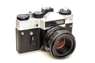 Bir resim fotoğraf makinesinin beyaz bir arka plan üzerinde izole bir eski vintage mekanik.