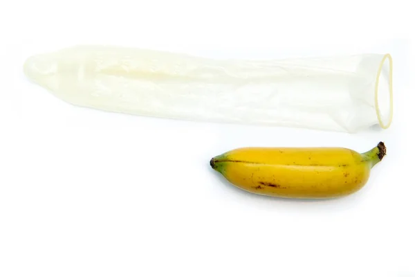 Bild Baby Banan Med Normal Vanlig Kondom Visar Problemet Med — Stockfoto