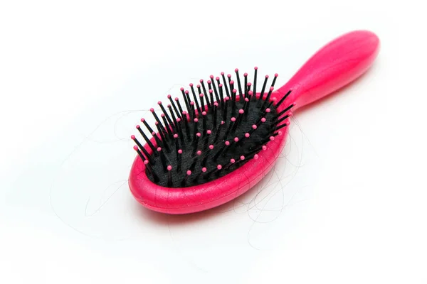 Pink Hairbrush Some Hair Symbolises Hair Loss Woman — Stock Photo, Image