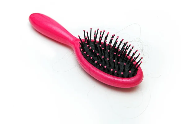 Pink Hairbrush Some Hair Symbolises Hair Loss Woman — Stock Photo, Image