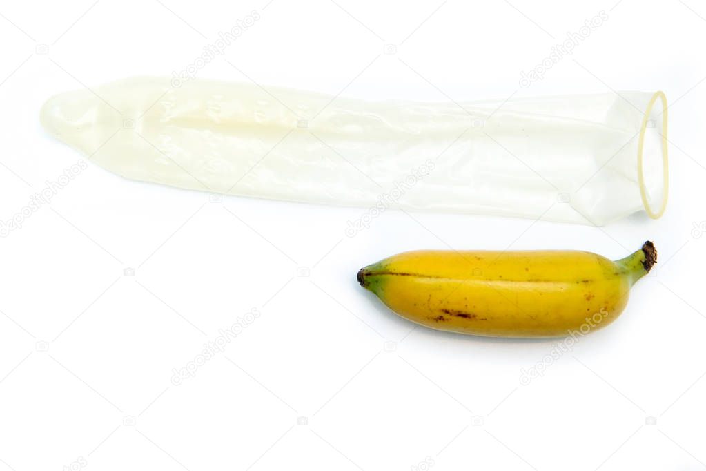 A picture of a baby banana with a normal regular condom. Showing the problem of small or micro penises