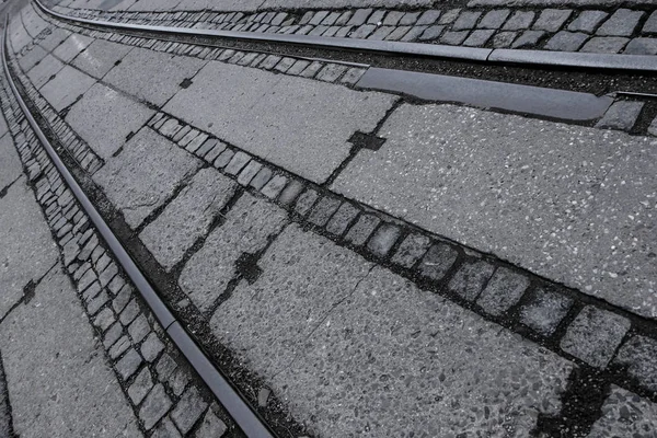 Una Imagen Detallada Del Antiguo Ferrocarril Con Pavimento Ladrillos Piedra —  Fotos de Stock