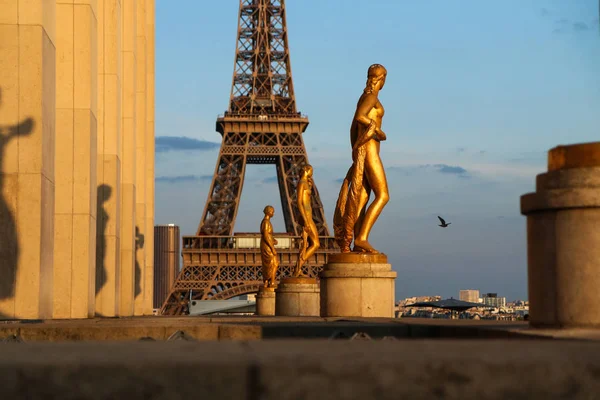 Détail Des Statues Trocadéro Paris Tour Eiffel Est Arrière Plan — Photo