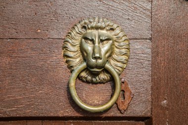 Bir şatonun kapısında eski bir tokmak detayı. Bir aslanın başı olarak süslenmiş. 