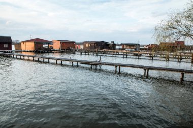 Akşam boyunca Macaristan 'da Bokod Gölü tarafından çekilen bir resim. Sütunlara 
