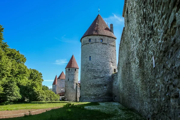 Szczegóły Murów Obronnych Starego Historycznego Centrum Tallin Estonii Atrakcja Turystyczna — Zdjęcie stockowe