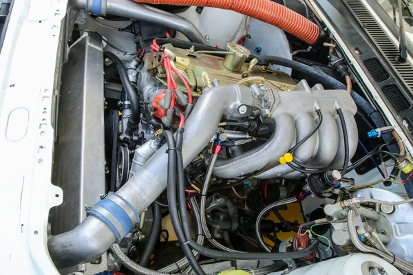 Detalhe Motor Carro Desportivo Carro Rali Histórico Passado — Fotografia de Stock