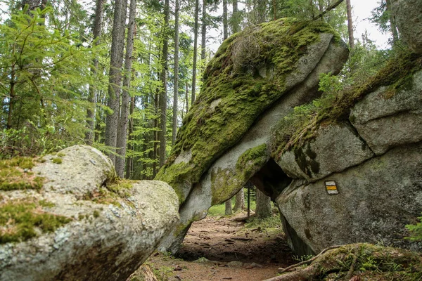 チェコ共和国のスマヴァ国立公園の深い森の中の岩 これはベアトレイルの一部です メドベーディ シュテスカ — ストック写真