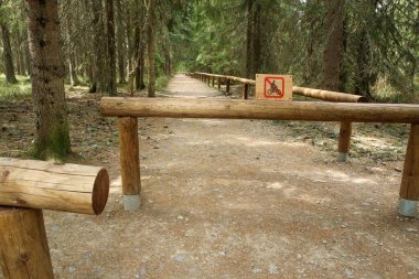 Korunan bölgedeki ormanın derinliklerindeki patikada bisikletçilerin giriş kısıtlamalarını gösteren bir işaret var..