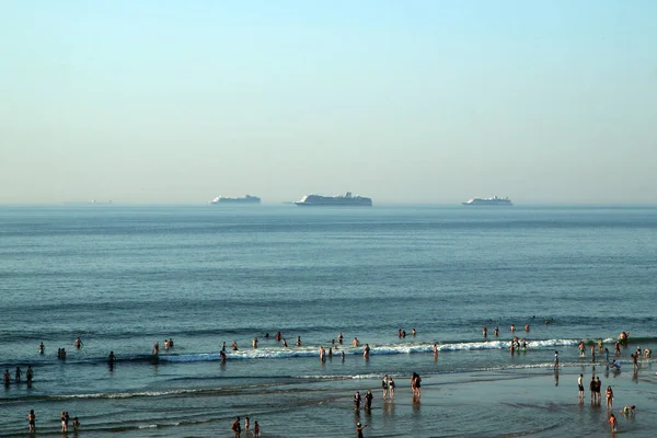 Büyük okyanus gemileri Hollanda 'nın Lahey kenti kıyısında demirli ve ufukta görünüyor. Gemiler korona yüzünden kullanılmıyor.