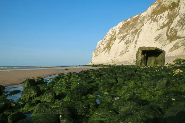 Beaches High White Cliffs Shore Channel Escalles France Ruins German — Stock Photo, Image