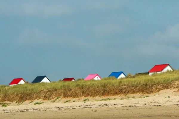 Tiny White Beach Cottages Colorful Roofs Beach Gouville Sur Mer — Stock Photo, Image