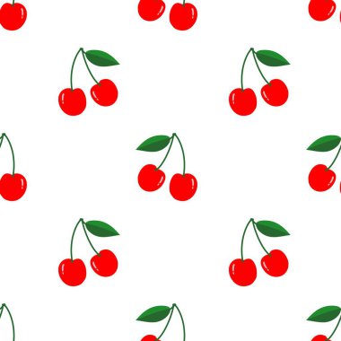 Kusursuz kırmızı kiraz desenli tasarım, düz kiraz desenli şablon vektörü.