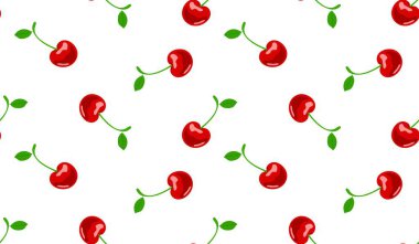 Kusursuz kırmızı kiraz desenli tasarım, düz kiraz desenli şablon vektörü.