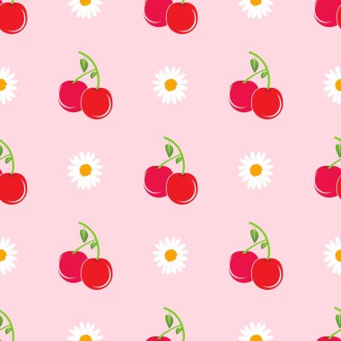 Kusursuz kırmızı kiraz desenli tasarım, düz kiraz desenli şablon vektörü.