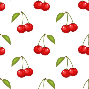 Kusursuz kırmızı kiraz desenli tasarım, düz kiraz desenli şablon vektörü.