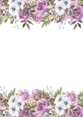 Düğün, doğum günü, kart, arkaplan, davetiye, duvar kağıdı, çıkartma, dekorasyon için suluboya çiçek sınırı.