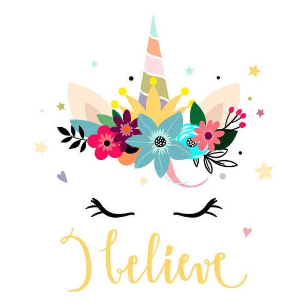 Unicorn Head Flowers Printable Card Design - Stok Vektor